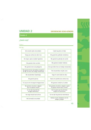 UNIDAD 2                                             DIFERENCIAS SEXO-GÉNERO

 Sesión 4

¿Quién soy?

FICHA 1

Así soy

            Me encanta subir a los árboles                Cuido muy bien a mi hijo


            Tengo una camisa de color rosa           Me gustan las películas románticas


          De mayor, quiero estudiar ingeniería       Me gustan las películas de acción


              Me gustaría tener un bebé                Me gustaría estudiar medicina


           Me gustaría tener una peluquería      Creo que debo tener un trabajo remunerado

     Me gustaría formar una familia y ocuparme
                                                      Me encanta llevar el pelo corto
     de ella sin tener otro trabajo remunerado

             Me encanta llevar el pelo largo           Hago mi cama todos los días


                  Me gusta la poesía                Nunca me pondría una camisa rosa


      En casa no me encargo de ninguna tarea          Me gustaría conducir un camión

            Me gustaría encontrar a alguien       Me gustaría encontrar a alquien a quien
               que me quisiese mucho                 le gustara mucho hacer el amor

                Se me dan muy bien los                 No me gusta que las personas
                 arreglos domésticos                      mayores me den besos

             No tengo mucha fuerza física          Se me dan muy bien las matemáticas

                                                     Disfruto mucho charlando con mis
               Me da miedo la oscuridad
                                                              amigas y amigos


                                                                                             45
 