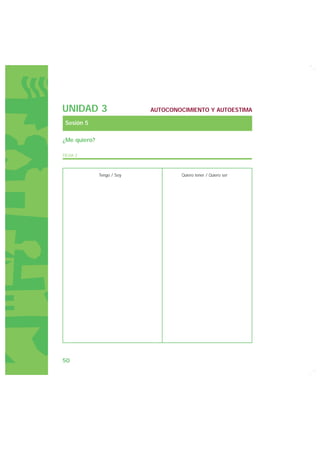 UNIDAD 3                    AUTOCONOCIMIENTO Y AUTOESTIMA

 Sesión 5

¿Me quiero?

FICHA 2



              Tengo / Soy           Quiero tener / Quiero ser




50
 