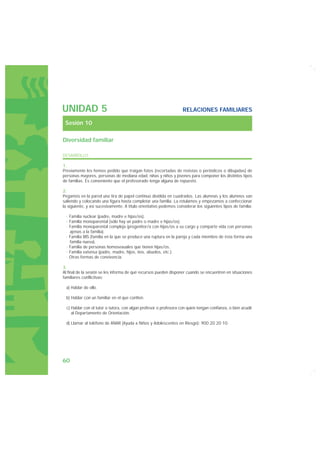 UNIDAD 5                                                           RELACIONES FAMILIARES

 Sesión 10

Diversidad familiar

DESARROLLO

1.
Previamente les hemos pedido que traigan fotos (recortadas de revistas o periódicos o dibujadas) de
personas mayores, personas de mediana edad, niñas y niños y jóvenes para componer los distintos tipos
de familias. Es conveniente que el profesorado tenga alguna de repuesto.

2.
Pegamos en la pared una tira de papel continuo dividida en cuadrados. Las alumnas y los alumnos van
saliendo y colocando una figura hasta completar una familia. La rotulamos y empezamos a confeccionar
la siguiente, y así sucesivamente. A título orientativo podemos considerar los siguientes tipos de familia:

  · Familia nuclear (padre, madre e hijas/os).
  · Familia monoparental (sólo hay un padre o madre e hijas/os).
  · Familia monoparental compleja (progenitor/a con hijas/os a su cargo y comparte vida con personas
    ajenas a la familia).
  · Familia BIS (familia en la que se produce una ruptura en la pareja y cada miembro de ésta forma una
    familia nueva).
  · Familia de personas homosexuales que tienen hijas/os.
  · Familia extensa (padre, madre, hijos, tíos, abuelos, etc.).
  · Otras formas de convivencia.

3.
Al final de la sesión se les informa de qué recursos pueden disponer cuando se encuentren en situaciones
familiares conflictivas:

 a) Hablar de ello.

 b) Hablar con un familiar en el que confíen.

  c) Hablar con el tutor o tutora, con algún profesor o profesora con quien tengan confianza, o bien acudir
     al Departamento de Orientación.

 d) Llamar al teléfono de ANAR (Ayuda a Niños y Adolescentes en Riesgo): 900 20 20 10.




60
 