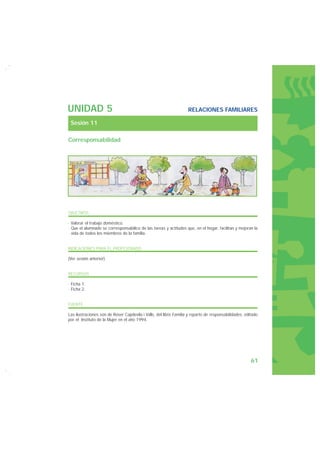 UNIDAD 5                                                           RELACIONES FAMILIARES

 Sesión 11

Corresponsabilidad




OBJETIVOS

· Valorar el trabajo doméstico.
· Que el alumnado se corresponsabilice de las tareas y actitudes que, en el hogar, facilitan y mejoran la
  vida de todos los miembros de la familia.


INDICACIONES PARA EL PROFESORADO

(Ver sesión anterior).


RECURSOS

· Ficha 1.
· Ficha 2.


FUENTE

Las ilustraciones son de Roser Capdevila i Valls, del libro Familia y reparto de responsabilidades, editado
por el Instituto de la Mujer en el año 1994.




                                                                                                       61
 