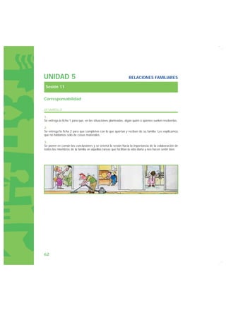 UNIDAD 5                                                          RELACIONES FAMILIARES

 Sesión 11

Corresponsabilidad

DESARROLLO

1.
Se entrega la ficha 1 para que, en las situaciones planteadas, digan quién o quienes suelen resolverlas.

2.
Se entrega la ficha 2 para que completen con lo que aportan y reciben de su familia. Les explicamos
que no hablamos sólo de cosas materiales.

3.
Se ponen en común las conclusiones y se orienta la sesión hacia la importancia de la colaboración de
todos los miembros de la familia en aquellas tareas que facilitan la vida diaria y nos hacen sentir bien.




62
 