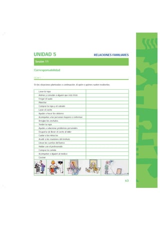 UNIDAD 5                                                          RELACIONES FAMILIARES

 Sesión 11

Corresponsabilidad

FICHA 1


En las situaciones planteadas a continuación, di quién o quiénes suelen resolverlas.


     Lavar la ropa
     Animar y consolar a alguien que está triste
     Fregar el suelo
     Planchar
     Comprar la ropa y el calzado
     Lavar el coche
     Ayudar a hacer los deberes
     Acompañar a las personas mayores o enfermas
     Arreglar los enchufes
     Tender la ropa
     Ayudar a solucionar problemas personales
     Ocuparse de llevar el coche al taller
     Cuidar a los niños/as
     Acudir a las reuniones del instituto
     Llevar las cuentas del banco
     Hablar con el profesorado
     Comprar la comida
     Acompañar a alguien al médico
     Cocinar




                                                                                       63
 