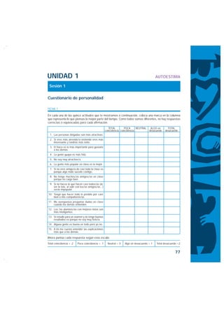 UNIDAD 1                                                                                       AUTOESTIMA

 Sesión 1

Cuestionario de personalidad

FICHA 1

En cada una de las quince actitudes que te mostramos a continuación, coloca una marca en la columna
que representa lo que piensas la mayor parte del tiempo. Como todos somos diferentes, no hay respuestas
correctas o equivocadas para cada afirmación.
                                                         TOTAL        POCA      NEUTRAL    ALGO en       TOTAL
                                                      coincidencia coincidencia           desacuerdo   desacuerdo
  1. Las personas delgadas son más atractivas.
  2. Si eres más atrevido/a vistiendo eres más
     interesante y tendrás más éxito.
  3. El físico es lo más importante para gustarle
     a los demás.
  4. La gente guapa es más feliz.
  5. No soy muy atractivo/a.
  6. La gente más popular en clase es la mejor.
  7. Si no eres amigo/a de casi toda la clase es
     porque algo malo sucede contigo.
  8. No tengo muchos/as amigos/as en clase
     porque no caigo bien.
  9. Si no haces lo que hacen casi todos/as (al,
     ver la tele, al salir con los/as amigos/as...)
     serás impopular.
10. Tengo que hacer todo lo posible por caer
    bien a mis compañeros/as.
11. Me avergüenza preguntar dudas en clase
    cuando los demás entienden.
12. Los /as alumnos/as con mejores notas son
    más inteligentes.
13. Si estudio para un examen y no tengo buenos
    resultados es porque no soy muy listo/a.
14. Alguna gente es buena en todo pero yo no.
15. A mí me cuesta entender las explicaciones
    más que a los demás.

Ahora puntúa cada respuesta según esta escala:
Total coincidencia = -2    Poca coincidencia = -1       Neutral = 0   Algo en desacuerdo = 1   Total desacuerdo =2


                                                                                                              77
 