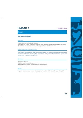 UNIDAD 1                                                                         AUTOESTIMA

 Sesión 4

Dilo a mis espaldas

OBJETIVOS

· Saber cómo nos ven las demás personas.
· Descubrir, que a veces, cómo se ve cada cual no se parece en nada a cómo te ven los y las demás.
· Descubrir en uno mismo cualidades positivas que antes no valoraba como tales.


INDICACIONES PARA EL PROFESORADO

El vocabulario del alumnado no suele ser demasiado amplio. Por esta razón puede ser necesario, antes
de empezar la dinámica, hacer una lista de cualidades en la pizarra utilizando términos que no usen
habitualmente y explicando su significado.


RECURSOS

· Bolígrafos o lápices.
· Hojas de papel grueso o cartulina.
· Imperdibles para prender las hojas a la ropa sin estropearla.


FUENTE

Programa de educación en valores “Párate a pensar”, de Aldeas Infantiles SOS, curso 2004-2005.




                                                                                                 87
 