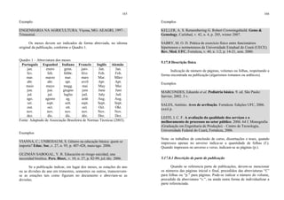 165
Exemplo
ENGENHARIA NA AGRICULTURA. Viçosa, MG: AEAGRI, 1997- .
Trimestral.
Os meses devem ser indicados de forma abreviada, no idioma
original da publicação, conforme o Quadro 1.
Quadro 1 – Abreviatura dos meses
Português Espanhol Italiano Francês Inglês Alemão
jan. enero genn. janv. Jan. Jan.
fev. feb. febbr. févr. Feb. Feb.
mar. marzo mar. mars Mar. März
abr. abr. apr. avril Apr. Apr.
maio mayo magg. mai May Mai
jun. jun. giugno juin June Juni
jul. jul. luglio juil. July Juli
ago. agosto ag. août Aug. Aug.
set. sept. sett. sept. Sept. Sept.
out. oct. ott. oct. Oct. Okt.
nov. nov. nov. nov. Nov. Nov.
dez. dic. dic. déc. Dec. Dez.
Fonte: Adaptado de Associação Brasileira de Normas Técnicas (2003).
Exemplos
VIANNA, C.; UNBEHAUM, S. Gênero na educação básica: quem se
importa? Educ. Soc.,v. 27, n. 95, p. 407-428, maio/ago. 2006.
GUZMÁN SABOGAL, Y. R. Educación en riesgo suicidad, una
necesidad bioética. Pers. Bioet., v. 10, n. 27, p. 82-99, jul./dic. 2006.
Se a publicação indicar, em lugar dos meses, as estações do ano
ou as divisões do ano em trimestres, semestres ou outros, transcrevem-
se as estações tais como figuram no documento e abreviam-se as
divisões.
166
Exemplos
KELLER, A. S. Remembering G. Robert Crowningshield. Gems &
Gemology, Carlsbad, v. 42, n. 4, p. 205, winter 2007.
SABRY, M. O. D. Prática de exercício físico entre funcionários
hipertensos e normotensos da Universidade Estadual do Ceará (UECE).
Rev. Med. UFC, Fortaleza, v. 40, n. 1/2, p. 14-21, sem. 2000.
5.17.8 Descrição física
Indicação de número de páginas, volumes ou folhas, respeitando a
forma encontrada na publicação (algarismos romanos ou arábicos).
Exemplos
MARCONDES, Eduardo et al. Pediatria básica. 9. ed. São Paulo:
Sarvier, 2002. 3 v.
SALES, Antônio. Aves de arribação. Fortaleza: Edições UFC, 2006.
xxxii p.
LEITE, I. C. F. A avaliação da qualidade dos serviços e o
melhoramento de processos no setor público. 2006. 64 f. Monografia
(Graduação em Engenharia de Produção) – Centro de Tecnologia,
Universidade Federal do Ceará, Fortaleza, 2006.
Nota: os trabalhos de conclusão de curso, dissertações e teses, quando
impressos apenas no anverso indica-se a quantidade de folhas (f.).
Quando impressos no anverso e verso, indicam-se as páginas (p.).
5.17.8.1 Descrição de parte de publicação
Quando se referencia parte de publicações, devem-se mencionar
os números das páginas inicial e final, precedidos das abreviaturas “f.”
para folhas ou “p.” para páginas. Pode-se indicar o número do volume,
precedido da abreviatura “v.”, ou ainda outra forma de individualizar a
parte referenciada.
 