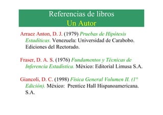 Referencias de libros
Un Autor
Arraez Anton, D. J. (1979) Pruebas de Hipótesis
Estadíticas. Venezuela: Universidad de Carabobo.
Ediciones del Rectorado.
Fraser, D. A. S. (1976) Fundamentos y Técnicas deFraser, D. A. S. (1976) Fundamentos y Técnicas de
Inferencia Estadística. México: Editorial Limusa S.A.
Giancoli, D. C. (1998) Física General Volumen II. (1°
Edición). México: Prentice Hall Hispanoamericana.
S.A.
 