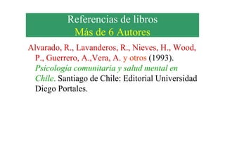 Referencias de libros
Más de 6 Autores
Alvarado, R., Lavanderos, R., Nieves, H., Wood,
P., Guerrero, A.,Vera, A. y otros (1993).
Psicología comunitaria y salud mental en
Chile. Santiago de Chile: Editorial UniversidadChile. Santiago de Chile: Editorial Universidad
Diego Portales.
 