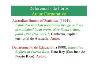Referencias de libros
Autor Corporativo
Australian Bureau of Statistics. (1991).
Estimated resident population by age and sex
in statistical local areas, New South Wales,
junio 1990 (No.3209.1) Canberra, capitaljunio 1990 (No.3209.1) Canberra, capital
territorial de Australia: Autor.
Departamento de Educación. (1998). Education
Reform in Puerto Rico. Hato Rey (San Juan de
Puerto Rico): Autor.
 