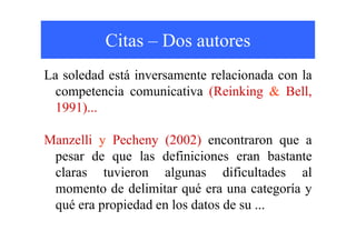 Citas – Dos autores
La soledad está inversamente relacionada con la
competencia comunicativa (Reinking & Bell,
1991)...
Manzelli y Pecheny (2002) encontraron que a
pesar de que las definiciones eran bastante
claras tuvieron algunas dificultades al
momento de delimitar qué era una categoría y
qué era propiedad en los datos de su ...
 
