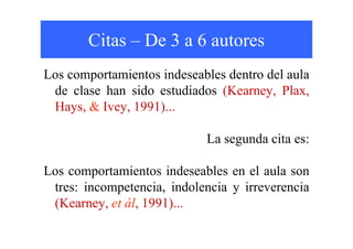 Citas – De 3 a 6 autores
Los comportamientos indeseables dentro del aula
de clase han sido estudiados (Kearney, Plax,
Hays, & Ivey, 1991)...
La segunda cita es:
Los comportamientos indeseables en el aula son
tres: incompetencia, indolencia y irreverencia
(Kearney, et ál, 1991)...
 