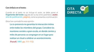 CITA
DIRECTA
Cuando en el texto no se incluye el autor, se debe poner el
seguido de la cita entre paréntesis ( ,
, ), como se presenta a continuación:
Otros han contradicho esta opinión:
( , , )
20
 