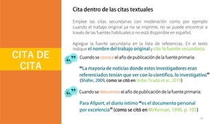 Emplee las citas secundarias con moderación como por ejemplo
cuando el trabajo original ya no se imprime, no se puede encontrar a
través de las fuentes habituales o no está disponible en español.
Agregue la fuente secundaria en la lista de referencias. En el texto
indique y
CITA DE
CITA
“
”
Cuando se conoce el año de publicación de la fuente primaria:
22
Cuando se desconoce el año de publicación de la fuente primaria:
“
”
 