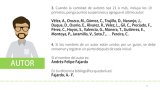 3. Cuando la cantidad de autores sea 21 o más, incluya los 19
primeros, ponga puntos suspensivos y agregue el último autor:
…
4. Si los nombres de un autor están unidos por un guion, se debe
conservar y registrar un punto después de cada inicial:
Si el nombre del autor es:
En la referencia bibliográfica quedará así:
32
 