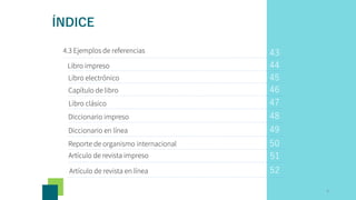 Diccionario impreso
44
45
46
47
48
49
50
Libro electrónico
Capítulo de libro
Libro clásico
Diccionario en línea
43
4.3 Ejemplos de referencias
Libro impreso
Reporte de organismo internacional
4
ÍNDICE
Artículo de revista impreso
Artículo de revista en línea
51
52
 