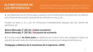 5. Las referencias con el mismo autor o autores y con la misma fecha de publicación se ordenan
por el título del documento (excluyendo los artículos un, una, el, la).
Emplee las letras a, b, c, etc. en minúsculas inmediatamente después del año, dentro del
paréntesis, así:
6. Si el documento , se alfabetiza por el título. Para esto, desplace el título a la
posición de autor antes de la fecha de publicación y se pone punto después del título, así:
42
ALFABETIZACIÓN DE
LAS REFERENCIAS
Alfabetice las referencias a partir del apellido y nombre los
autores teniendo en cuenta los ejemplos aquí mostrados.
 