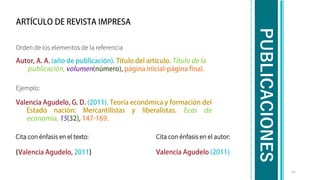 PUBLICACIONES
Orden de los elementos de la referencia
Ejemplo:
51
Cita con énfasis en el texto: Cita con énfasis en el autor:
 
