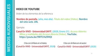 Orden de los elementos de la referencia
Ejemplo:
57
MEDIOS
AUDIOVISUALES
Cita con énfasis en el texto: Cita con énfasis en el autor:
 