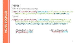 Orden de los elementos de la referencia
61
REDES
SOCIALES
Cita con énfasis en el texto Cita con énfasis en el autor
,
Ejemplo:
 