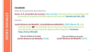 62
REDES
SOCIALES
Orden de los elementos de la referencia
Ejemplo:
Cita con énfasis en el texto Cita con énfasis en el autor
 