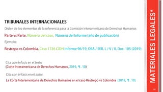 MATERIALES
LEGALES*
Orden de los elementos de la referencia para la Comisión Interamericana de Derechos Humanos
Ejemplo:
68
Cita con énfasis en el texto
Cita con énfasis en el autor
 