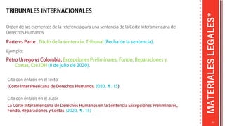 MATERIALES
LEGALES*
69
Orden de los elementos de la referencia para una sentencia de la Corte Interamericana de
Derechos Humanos
Ejemplo:
Cita con énfasis en el texto
Cita con énfasis en el autor
 