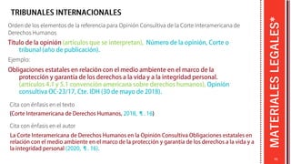 MATERIALES
LEGALES*
Orden de los elementos de la referencia para Opinión Consultiva de la Corte Interamericana de
Derechos Humanos
Ejemplo:
70
Cita con énfasis en el texto
Cita con énfasis en el autor
 