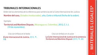 MATERIALES
LEGALES*
73
Orden de los elementos de la referencia para sentencias de la Corte Internacional de Justicia
Ejemplo:
Cita con énfasis en el texto Cita con énfasis en el autor
 