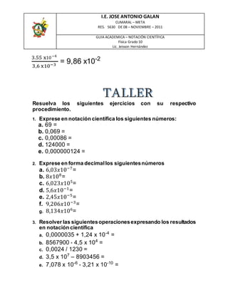 I.E. JOSE ANTONIO GALAN
CUMARAL – META
RES. 5630 DE 08 – NOVIEMBRE – 2011
GUIA ACADEMICA – NOTACIÓN CIENTÍFICA
Física Grado 10
Lic. Jeisson Hernández
3.55 x10−4
3,6 x10−3
= 9,86 x10-2
Resuelva los siguientes ejercicios con su respectivo
procedimiento.
1. Exprese en notación científica los siguientes números:
a. 69 =
b. 0,069 =
c. 0,00086 =
d. 124000 =
e. 0,000000124 =
2. Exprese en forma decimallos siguientesnúmeros
a. 6,03𝑥10−7
=
b. 8𝑥108
=
c. 6,023𝑥105
=
d. 5,6𝑥10−1
=
e. 2,45𝑥10−5
=
f. 9,206𝑥10−3
=
g. 8,134𝑥106
=
3. Resolver las siguientesoperacionesexpresando los resultados
en notación científica
a. 0,0000035 + 1,24 x 10-4
=
b. 8567900 * 4,5 x 104
=
c. 0,0024 / 1230 =
d. 3,5 x 107
– 8903456 =
e. 7,078 x 10-6
* 3,21 x 10-10
=
 