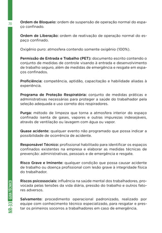 GUIA
TÉCNICO
NR-33
70 Ordem de Bloqueio: ordem de suspensão de operação normal do espa-
ço confinado.
Ordem de Liberação: ordem de reativação de operação normal do es-
paço confinado.
Oxigênio puro: atmosfera contendo somente oxigênio (100%).
Permissão de Entrada e Trabalho (PET): documento escrito contendo o
conjunto de medidas de controle visando à entrada e desenvolvimento
de trabalho seguro, além de medidas de emergência e resgate em espa-
ços confinados.
Proficiência: competência, aptidão, capacitação e habilidade aliadas à
experiência.
Programa de Proteção Respiratória: conjunto de medidas práticas e
administrativas necessárias para proteger a saúde do trabalhador pela
seleção adequada e uso correto dos respiradores.
Purga: método de limpeza que torna a atmosfera interior do espaço
confinado isenta de gases, vapores e outras impurezas indesejáveis,
através de ventilação ou lavagem com água ou vapor.
Quase acidente: qualquer evento não programado que possa indicar a
possibilidade de ocorrência de acidente.
Responsável Técnico: profissional habilitado para identificar os espaços
confinados existentes na empresa e elaborar as medidas técnicas de
prevenção: administrativas, pessoais e de emergência e resgate.
Risco Grave e Iminente: qualquer condição que possa causar acidente
de trabalho ou doença profissional com lesão grave à integridade física
do trabalhador.
Riscos psicossociais: influência na saúde mental dos trabalhadores, pro-
vocada pelas tensões da vida diária, pressão do trabalho e outros fato-
res adversos.
Salvamento: procedimento operacional padronizado, realizado por
equipe com conhecimento técnico especializado, para resgatar e pres-
tar os primeiros socorros a trabalhadores em caso de emergência.
 