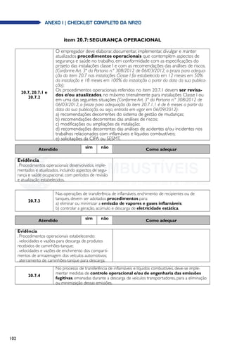 102
anexo i | Checklist completo da NR20
item 20.7: SEGURANÇA OPERACIONAL
20.7, 20.7.1 e
20.7.2
O empregador deve elaborar, documentar, implementar, divulgar e manter
atualizados procedimentos operacionais que contemplem aspectos de
segurança e saúde no trabalho, em conformidade com as especificações do
projeto das instalações classe I e com as recomendações das análises de riscos.
(Conforme Art. 3ª da Portaria n.º 308/2012 de 06/03/2012, o prazo para adequa-
ção do item 20.7 nas instalações Classe I foi estabelecido em 12 meses em 50%
da instalação e 18 meses em 100% da instalação a partir da data da sua publica-
ção);
Os procedimentos operacionais referidos no item 20.7.1 devem ser revisa-
dos e/ou atualizados, no máximo trienalmente para instalações Classe I ou
em uma das seguintes situações (Conforme Art. 3ª da Portaria n.º 308/2012 de
06/03/2012, o prazo para adequação do item 20.7.1.1 é de 6 meses a partir da
data da sua publicação, ou seja, entrada em vigor em 06/09/2012):
a) recomendações decorrentes do sistema de gestão de mudanças;
b) recomendações decorrentes das análises de riscos;
c) modificações ou ampliações da instalação;
d) recomendações decorrentes das análises de acidentes e/ou incidentes nos
trabalhos relacionados com inflamáveis e líquidos combustíveis;
e) solicitações da CIPA ou SESMT.
Atendido sim não Como adequar
Evidência
. Procedimentos operacionais desenvolvidos, imple-
mentados e atualizados, incluindo aspectos de segu-
rança e saúde ocupacional, com períodos de revisão
e atualização estabelecidos.
20.7.3
Nas operações de transferência de inflamáveis, enchimento de recipientes ou de
tanques, devem ser adotados procedimentos para:
a) eliminar ou minimizar a emissão de vapores e gases inflamáveis;
b) controlar a geração, acúmulo e descarga de eletricidade estática.
Atendido sim não Como adequar
Evidência
. Procedimentos operacionais estabelecendo:
. velocidades e vazões para descarga de produtos
recebidos de caminhões-tanque;
. velocidades e vazões de enchimento dos comparti-
mentos de armazenagem dos veículos automotivos;
. aterramento de caminhões-tanque para descarga;
20.7.4
No processo de transferência de inflamáveis e líquidos combustíveis, deve-se imple-
mentar medidas de controle operacional e/ou de engenharia das emissões
fugitivas, emanadas durante a descarga de veículos transportadores, para a eliminação
ou minimização dessas emissões.
 