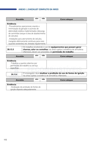 112
anexo i | Checklist completo da NR20
Atendido sim não Como adequar
Evidência
. Procedimentos operacionais visando a
minimização da geração e acúmulo de
eletricidade estática implementados (descarga
de caminhões tanque e área de abastecimento
de veículos)
. Instalações para aterramento de veículos,
mangotes eletricamente contínuos, para-raios
(quando existentes) etc. testadas regularmente.
20.13.3
Os trabalhos envolvendo o uso de equipamentos que possam gerar
chamas, calor ou centelhas, nas áreas sujeitas à existência de atmosferas
inflamáveis, devem ser precedidos de permissão de trabalho.
Atendido sim não Como adequar
Evidência
.Trabalhos a quente cobertos por
permissões de trabalho ou serviço
específicas
20.13.4
O empregador deve sinalizar a proibição do uso de fontes de ignição
nas áreas sujeitas à existência de atmosferas inflamáveis.
Atendido sim não Como adequar
Evidência
. Sinalização de proibição de fontes de
ignição disposta adequadamente
 