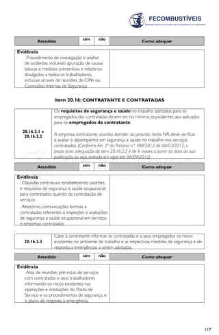 117
Atendido sim não Como adequar
Evidência
. Procedimento de investigação e análise
de acidentes incluindo apuração de causas
básicas e medidas preventivas e relatórios
divulgados a todos os trabalhadores,
inclusive através de reuniões de CIPA ou
Comissões Internas de Segurança
item 20.16: CONTRATANTE E CONTRATADAS
20.16.2.1 e
20.16.2.2
Os requisitos de segurança e saúde no trabalho adotados para os
empregados das contratadas devem ser, no mínimo, equivalentes aos aplicados
para os empregados da contratante.
A empresa contratante, visando atender ao previsto nesta NR, deve verificar
e avaliar o desempenho em segurança e saúde no trabalho nos serviços
contratados. (Conforme Art. 3ª da Portaria n.º 308/2012 de 06/03/2012, o
prazo para adequação do item 20.16.2.2 é de 6 meses a partir da data da sua
publicação, ou seja, entrada em vigor em 06/09/2012)
Atendido sim não Como adequar
Evidência
. Cláusulas contratuais estabelecendo padrões
e requisitos de segurança e saúde ocupacional
para contratados quando da contratação de
serviços
. Relatórios, comunicações formais a
contratadas referentes à inspeções e avaliações
de segurança e saúde ocupacional em serviços
e empresas contratadas
20.16.2.3
Cabe à contratante informar às contratadas e a seus empregados os riscos
existentes no ambiente de trabalho e as respectivas medidas de segurança e de
resposta a emergências a serem adotadas.
Atendido sim não Como adequar
Evidência
.Atas de reuniões pré-início de serviços
com contratadas e seus trabalhadores
informando os riscos existentes nas
operações e instalações do Posto de
Serviço e os procedimentos de segurança, e
o plano de resposta à emergência.
 