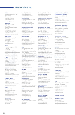 130
Sindicatos filiados
ACRE
Rua Pernambuco nº 599 - Sala 4
Bairro: Bosque
Rio Branco-AC
Fone: (68) 3326-1500
sindepac@hotmail.com
www.sindepac.com.br
ALAGOAS
Av. Jucá Sampaio, 2247,
Barro Duro
Salas 93/94 Shopping Miramar
Maceió-AL
Fone: (82) 3320-2902/1761
Fax: (82) 3320-2738/2902
scvdpea@uol.com.br
www.sindicombustiveis-al.com.br
AMAZONAS
Rua Rio Içá, 26 - quadra 35
Conj.Vieiralves
Manaus-AM
Fone: (92) 3584-3707
sindcam@uol.com.br
BAHIA
Av. Otávio Mangabeira, 3.127
Costa Azul
Salvador-BA
Fone: (71) 3342-9557
sindicombustiveis@sindicombustiveis.
com.br
www.sindicombustiveis.com.br
CEARÁ
RuaVisconde de Mauá, 1.510
Aldeota
Fortaleza-CE
Fone: (85) 3244-1147
sindipostos@sindipostos-ce.com.br
www.sindipostos-ce.com.br
DISTRITO FEDERAL
SHCGN-CR 704/705, Bloco E
entrada 41, 3º andar, sala 301
Brasília-DF
Fone: (61) 3274-2849
sindicato@sindicombustiveis-df.com.br
www.sindicombustiveis-df.com.br
ESPÍRITO SANTO
RuaVasco Coutinho, 94
Vitória-ES
Fone: (27) 3322-0104
sindipostos@sindipostos-es.com.br
www.sindipostos-es.com.br
GOIÁS
12ª Avenida, 302
Setor Leste Universitário
Goiânia-GO
Fone: (62) 3218-1100
sindiposto@sindiposto.com.br
www.sindiposto.com.br
MARANHÃO
Av. Colares Moreira, 444,
salas 612 e 614
Edif. Monumental
São Luís-MA
Fone: (98) 3235-6315
sindcomb@uol.com.br
www.sindcomb-ma.com.br
MATO GROSSO
R. Manoel Leopoldino, 414,Araés
Cuiabá-MT
Fone/Fax: (65) 3621-6623
contato@sindipetroleo.com.br
www.sindipetroleo.com.br
MATO GROSSO DO SUL
Rua Bariri, 133
Campo Grande-MS
Fone: (67) 3325-9988 / 9989
sinpetro@sinpetro.com.br
www.sinpetro.com.br
MINAS GERAIS
Rua Amoroso Costa, 144
Bairro Santa Lúcia
Belo Horizonte-MG
Fone/Fax:(31) 2108- 6500/ 2108-6530
minaspetro@minaspetro.com.br
www.minaspetro.com.br
PARÁ
Av. Duque de Caxias, 1.337
Bairro Marco
Perímetro:Trav. Mariz e Barros/Trav.
Timbó - Belém-PA
Fone: (91) 3224-5742/ 3241-4473
secretaria@sindicombustiveis-pa.com.br
www.sindicombustiveis-pa.com.br
PARAÍBA
Rua Rodrigues de Aquino, 267
5º andar - Centro
João Pessoa-PB
Fone: (83) 3221-0762
sindipet@hotmail.com
www.sindipetropb.com.br
PARANÁ
RuaVinte e Quatro de Maio, 2.522
Curitiba-PR
Fone/Fax: (41) 3021-7600
diretoria.sindi@sindicombustiveis-pr.com.br
www.sindicombustiveis-pr.com.br
PERNAMBUCO
Rua Desembargador Adolfo
Ciríaco,15 - Recife-PE
Fone: (81) 3227-1035
Fax: (81) 3445-2328
sinpetro@sindicombustiveis-pe.org.br
www.sindicombustiveis-pe.org.br
PIAUÍ
Av. Jockey Club, 299, Edificio
Eurobusines 12º, sala 1212
Teresina-PI
Fone: (86) 3233-1271
sindpetropi@gmail.com
www.sindipetropi.org.br
RIO DE JANEIRO
Av.Presidente Franklin Roosevelt,296
São Francisco
Niterói–RJ
Fone/Fax: (21) 2704-9400
sindestado@sindestado.com.br
www.sindestado.com.br
RIO DE JANEIRO - MUNICÍPIO
Rua Alfredo Pinto, 76 -Tijuca
Rio de Janeiro-RJ
Fone: (21) 3544-6444
sindcomb@infolink.com.br
www.sindcomb.org.br
RIO GRANDE DO NORTE
Rua Monte Sinai - Galeria Brito salas
101/102 - Natal-RN
Fone: (84) 3217-6076
www.sindipostosrn.com.br
sindipostosrn@sindipostosrn.com.br
RIO GRANDE DO SUL
Rua Cel. Genuíno, 210 - Centro
Porto Alegre-RS
Fone: (51) 3228-7433
presidencia@sulpetro.org.br
www.sulpetro.org.br
RIO GRANDE DO SUL –
SERRA GAÚCHA
Rua ÍtaloVictor Berssani, 1.134
Caxias do Sul-RS
Fone/Fax: (54) 3222-0888
sindipetro@sindipetroserra.com.br
www.sindipetroserra.com.br
RONDÔNIA
Travessa Guaporé, Ed. Rio Madeira,
3º andar, salas 307/308
PortoVelho-RO
Fone: (69) 3223-2276
sindipetroro@uol.com.br
sindipetroro@hotmail.com
RORAIMA
Av. Surumu, 494
SãoVicente - BoaVista - RR
Fone: (95) 3623-8844
sindipostos.rr@hotmail.com
SANTA CATARINA
Rua Porto União, 606
Bairro Anita Garibaldi
Joinville-SC
Fone: (47) 3433-0932 / 0875
sindipetro@sindipetro.com.br
www.sindipetro.com.br
SANTA CATARINA -
BLUMENAU
Rua Quinze de Novembro,550/4º andar
Blumenau-SC
Fone: (47) 3326-4249 / 4249
sinpeb@bnu.matrix.com.br
www.sinpeb.com.br
SANTA CATARINA -
FLORIANÓPOLIS
Av.Presidente Kennedy,222 - 2º andar
Campinas
São José-SC
Fone: (48) 3241-3908
sindopolis@gmail.com
SANTA CATARINA - LITORAL
CATARINENSE E REGIÃO
Rua José Ferreira da Silva, 43
Itajaí-SC
Fone: (47) 3241-0321
sincombustiveis@sincombustiveis.com.br
www.sincombustiveis.com.br
SÃO PAULO - CAMPINAS
Rua José Augusto César, 233
Jardim Chapadão - Campinas-SP
Fone: (19) 3284-2450
recap@recap.com.br
www.recap.com.br
SÃO PAULO - SANTOS
Rua Dr. ManoelTourinho, 269 Bairro
Macuco - Santos-SP
Fone: (13) 3229-3535
secretaria@resan.com.br
www.resan.com.br
SERGIPE
Rua Raimundo Fonseca,57 -13 de Julho
Aracaju-SE
Fone: (79) 3214-4708
sindpese@infonet.com.br
www.sindpese.com.br
SINDILUB
RuaTrípoli, 92, conj. 82
Vila Leopoldina
São Paulo-SP
Fone: (11) 3644-3440/ 3645-2640
sindilub@sindilub.org.br
www.sindilub.org.br
TOCANTINS
103 Sul,Av.LO 01 - Lote 34 - Sala 07
Palmas-TO
Fone: (63) 3215-5737
sindiposto-to@sindiposto-to.com.br
www.sindiposto-to.com.br
TRR
Álvaro Rodrigues Antunes de Faria
Rua Lord Cockrane, 616
8º andar, salas 801/804 e 810
Ipiranga-SP
Fone: (11) 2914-2441
info@sindtrr.com.br
www.sindtrr.com.br
Entidade associada
ABRAGÁS (GLP)
José Luiz Rocha
Fone: (41) 8897-9797
abragas.presidente@gmail.com
 