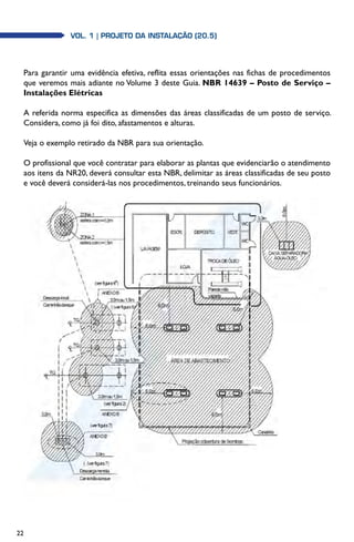 22
Vol. 1 | PROJETO DA INSTALAÇÃO (20.5)Vol. 1 | PROJETO DA INSTALAÇÃO (20.5)
Para garantir uma evidência efetiva, reflita essas orientações nas fichas de procedimentos
que veremos mais adiante no Volume 3 deste Guia. NBR 14639 – Posto de Serviço –
Instalações Elétricas
A referida norma especifica as dimensões das áreas classificadas de um posto de serviço.
Considera, como já foi dito, afastamentos e alturas.
Veja o exemplo retirado da NBR para sua orientação.
O profissional que você contratar para elaborar as plantas que evidenciarão o atendimento
aos itens da NR20, deverá consultar esta NBR, delimitar as áreas classificadas de seu posto
e você deverá considerá-las nos procedimentos, treinando seus funcionários.
 