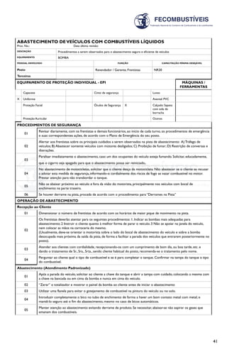 41
ABASTECIMENTO DEVEÍCULOS COM COMBUSTÍVEIS LÍQUIDOS
Proc. No.: Data última revisão:
DESCRIÇÃO Procedimentos a serem observados para o abastecimento seguro e eficiente de veículos
EQUIPAMENTO BOMBA
PESSOAL ENVOLVIDO FUNÇÃO CAPACITAÇÃO MÍNIMA DESEJÁVEL
Posto Revendedor / Gerente, Frentistas NR20
Terceiros
EQUIPAMENTO DE PROTEÇÃO INDIVIDUAL - EPI MÁQUINAS /
FERRAMENTAS
Capacete Cinto de segurança Luvas:
X Uniforme Avental: PVC
Proteção Facial Óculos de Segurança X Calçado: Sapato
com sola de
borracha
Proteção Auricular Outros:
PROCEDIMENTOS DE SEGURANÇA
01
Revisar diariamente, com os frentistas e demais funcionários, ao início de cada turno, os procedimentos de emergência
e suas correspondentes ações, de acordo com o Plano de Emergência do seu posto.
02
Alertar aos frentistas sobre os principais cuidados a serem observados na pista de abastecimento: A) Tráfego de
veículos; B) Abastecer somente veículos com motores desligados; C) Proibição de fumar; D) Restrição de conversas e
distrações.
03
Paralisar imediatamente o abastecimento, caso um dos ocupantes do veículo esteja fumando. Solicitar, educadamente,
que o cigarro seja apagado para que o abastecimento possa ser reiniciado.
04
No abastecimento de motocicletas, solicitar que o cliente desça da motocicleta. Não abastecer se o cliente se recusar
a adotar esta medida de segurança, informando-o cordialmente dos riscos de fogo se vazar combustível no motor.
Prestar atenção para não transbordar o tanque.
05
Não se abaixar próximo ao veículo e fora da visão do motorista, principalmente nos veículos com bocal de
enchimento na parte traseira.
06 Se houver derrame na pista, proceda de acordo com o procedimento para “Derrames na Pista”
OPERAÇÃO DE ABASTECIMENTO
Recepção ao Cliente
01 Dimensionar o número de frentistas de acordo com os horários de maior pique de movimento na pista.
02
Os frentistas deverão atentar para os seguintes procedimentos: 1. Indicar as bombas mais adequadas para
abastecimento; 2 Instruir o cliente quanto à melhor forma de parar o veículo; 3 Não se apoiar na janela do veículo,
nem colocar as mãos na carroceria do mesmo.
(Usualmente, deve-se orientar o motorista sobre o lado do bocal de abastecimento do veículo e sobre a bomba
desocupada mais próxima da saída da pista, de forma a facilitar a parada dos veículos que entrarem posteriormente no
posto).
03
Atender aos clientes com cordialidade, recepcionando-os com um cumprimento de bom dia, ou boa tarde, etc. e
dando o tratamento de Sr., Sra., Srta., sendo cliente habitual do posto, recomenda-se o tratamento pelo nome.
04
Perguntar ao cliente qual o tipo de combustível e se é para completar o tanque. Confirmar na tampa do tanque o tipo
do combustível.
Abastecimento (Atendimento Padronizado)
01
Após a parada do veículo, solicitar ao cliente a chave do tanque e abrir a tampa com cuidado, colocando a mesma com
a chave na bancada ou em cima da bomba e nunca em cima do veículo.
02 “Zerar” o totalizador e mostrar o painel da bomba ao cliente antes de iniciar o abastecimento
03 Utilizar uma flanela para evitar o gotejamento de combustível na pintura do veículo ou no solo.
04
Introduzir completamente o bico no tubo de enchimento de forma a haver um bom contato metal com metal, e
mantê-lo seguro até o fim do abastecimento, mesmo no caso de bicos automáticos.
05
Manter atenção ao abastecimento evitando derrame de produto. Se necessitar, abaixar-se não aspirar os gases que
emanam dos combustíveis.
 