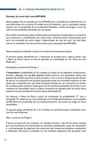 72
Vol. 6 | ANÁLISE PRELIMINAR DE RISCOS (20.10)
Exemplo de como fazer uma APP/APR:
Abaixo (página 74) um exemplo de uma APP/APR para a atividade de recebimento de um
caminhão-tanque em um posto. O modelo serve de referência para o revendedor realizar,
sempre com a coordenação de um profissional habilitado, a análise de perigos e riscos de
cada uma das atividades executadas por sua equipe.
Para melhor entendimento deste modelo,pode-se acompanhar as explicações ou raciocínios
que conduziram as classificações dos riscos. Esses raciocínios foram desenvolvidos para
servir de orientação de como chagar à determinação do nível de risco. Ao final deste
volume, o revendedor encontra este formulário para preparação das APPs/APRs.
Neste exemplo, foi analisado o cenário de recebimento de produto líquido.
O primeiro perigo identificado foi o “vazamento de produto para a galeria pluvial”, que
a Matriz de Risco indicou no final da aplicação da metodologia ser um “Risco de nível
Moderado”.
Acompanhe o raciocínio do Perigo 1:
É improvável a probabilidade (C) do mangote se romper ou do adaptador se desconectar
durante a descarga, mas, se isto ocorrer, poderá escorrer uma quantidade, mesmo que
pequena, do produto para fora da pista do posto e cair no bueiro de águas pluviais.Apesar
de não ser um vazamento sem grandes proporções, pode criar atmosfera explosiva na rede
pluvial que, combinada com uma fonte de ignição lançada por um transeunte num bueiro
da rua abaixo, pode ocasionar lesões graves em funcionários, prestadores de serviço ou em
membros da comunidade, como o próprio transeunte do exemplo; além de sérios danos
materiais e/ou de considerável custo de reparo (Severidade III).
Ao observar a Matriz de Risco, a partir da combinação da probabilidade “C” com a
severidade“III”,obtém-se um risco classificado como Moderado.Analisado o risco,a planilha
da APP deverá ser preenchida com as medidas preventivas para evitar ou mitigar os riscos
identificados.
O segundo perigo identificado foi o de “incêndio no caminhão-tanque”, classificado como
risco de nível Moderado.
Veja o raciocínio do Perigo 2:
É pouco provável (C) que aconteça um incêndio durante a vida útil do posto, causado
por uma insuficiência do aterramento do caminhão, considerando o grau de treinamento
e a conscientização de segurança dos motoristas que transportam produtos combustíveis
e inflamáveis. Entretanto, a existência de uma oxidação progressiva não percebida entre
 