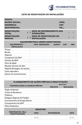 97
LISTA DE DESATIVAÇÃO DE INSTALAÇÕES
POSTO:
RAZÃO SOCIAL: CNPJ:
ENDEREÇO: CEP:
RESPONSÁVEL: TEL.:
DESATIVAÇÃO  
TOTAL    
(   )
DATA DE ENCERRAMENTO DAS
OPERAÇÕES:
   /       /
DESATIVAÇÃO  
PARCIAL
(   )
DATA DE DESATIVAÇÃO DA
INSTALAÇÃO:
   /       /
EQUIPAMENTOS A SEREM DESATIVADOS
EQUIPAMENTO  /
INSTALAÇÃO
TIPO / DESCRIÇÃO QUANT CAP. OBS.
Tanque
Bomba
Dispenser
Compressor de GNV
Cilindro de GNV
Filtro de diesel
Elevador de troca de óleo
Máquina de lavagem de veículos
Caixa separadora
Sistema de monitoramento
PLANEJAMENTO DE AÇÕES PRÉVIAS À DESATIVAÇÃO
COMUNICAÇÕES E LICENÇAS PRÉVIAS
D AT A S
PREVISTA REALIZADA
Órgão Ambiental
Corpo de Bombeiros
Prefeitura
Delegacia Regional do Trabalho
Concessionária de Energia Elétrica
Concessionária de GNV
Polícia Rodoviária
REGISTRO
RESPONSÁVEL PELA
DESATIVAZAÇÃO
DATA REVENDEDOR DATA
__/__/__ __/__/__
 
