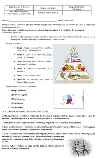 Departamento de Ciencias
Naturales
Guía de aprendizaje
Colegio San Cristóbal
Talcahuano
Prof. Héctor Barrientos
Prof. Practica: Cecilia Torrejón
Nutrición y salud (parte I)
Nombre:___________________________________________________ Curso: Quinto Año
Objetivo: reforzar contenidos para presentación de papelografo “Alimentos que consumimos en 1 día” y preparación
para la evaluación N°3.
Pega esta guía en tu cuaderno y lee comprensivamente para preparar la presentación del papelografo.
Alimentación y nutrición
• Durante la infancia y la adolescencia los hábitos dietéticos pueden marcar la diferencia entre una vida sana y
el riesgo de sufrir enfermedades fundamentalmente cardiovasculares.
Pirámide nutricional:
• Grupo I. Grasas, aceites, bollería industrial,
frutos secos,... con moderación.
• Grupo II. Leche y sus derivados, yogur,
queso,... 2-3 porciones.
• Grupo III. Carne, pollo, pescado, huevos,
legumbres, 2-3 porciones.
• Grupo IV. Verduras y hortalizas, 3- 5
porciones.
• Grupo V. Frutas, 2-4 porciones.
• Grupo VI. Pan, cereales, arroz, papas y
pastas 6-11 porciones.
Requerimientos y distribución dietetica
• Energía 2ooo kcal
• 25% en el desayuno
• 30% en la comida
• 15% en la once
• 30% en la cena
10 RECOMENDACIONES PARA UNA BUENA ALIMENTACION:
1.-El desayuno es una comida muy importante. Se debe ingerir una ración de fruta o zumo, una de lácteos y una de
cereales. La glucosa ingerida en el desayuno nos ayudará en el rendimiento escolar.
2.-Disfruta de la comida: acompañado de familiares y amigos. No veas la televisión mientras comes.
3-Come muchos alimentos variados:No hay alimentos "buenos" o "malos“Se necesitan 40 vitaminas y minerales para
comer sano, la mejor manera de conseguirlo es comer variado
4.-Basa tu alimentación en los carbohidratos:Algunos alimentos ricos en carbohidratos son la pasta, el pan, los
cereales, las frutas y las verduras. Intenta incluir alguno de estos alimentos en
cada comida ya que casi la mitad de las calorías de tu dieta deberían provenir
de ellos.
5.-Come frutas y verduras en cada comida Deberías intentar consumir 5
raciones de frutas y verduras al día.
desayuno
25%
comida
30%
merienda
15%
cena
30%
1
2
3
4
 