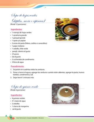100 Guía Nutricional • Consejos Saludables • Recetario
Sopa de hojas verdes
(chipilín, mora o espinaca)
(Rinde 12 porciones)
Ingredientes:
•	 1 manojo de hojas verdes
•	 1 zanahoria grande
•	 1 güisquil grande
•	 1 ayote y/o pipían
•	 2 onzas de pasta (fideos, coditos o caracolitos)
•	 1 papa mediana
•	 1 cebolla, chile verde
•	 perejil, cilantro al gusto
•	 2 huevos
•	 Sal al gusto
•	 2 cucharadas de condimento
•	 3 litros de agua
Procedimiento:
1.	 Se parten en cuadritos todas las verduras.
2.	 Poner a hervir el agua y agregar las verduras cuando estén aldentes, agregar la pasta, huevos
batidos, condimento y sal.
3.	 Dejar hervir 5 minutos más.
Sopa de guineo verde
(Rinde 4 porciones)
Ingredientes:
•	 4 guineos verdes
•	 4 ½ tazas de agua
•	 2 cebollas
•	 ½ barra de margarina
•	 sal al gusto
 