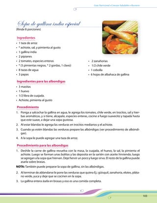 Guía Nutricional • Consejos Saludables • Recetario
103
Sopa de gallina india especial
(Rinde 8 porciones)
Ingredientes
•	 1 taza de arroz
•	 * achiote, sal, y pimienta al gusto
•	 1 gallina india
•	 2 pipianes
•	 2 tomates, especies enteras
•	 * (5 pimientas negras, * 2 gordas, 1 clavo)
•	 8 tazas de agua
•	 3 papas
Ingredientes para las albondigas
•	 3 masitas
•	 1 huevo
•	 1/2 libra de cuajada.
•	 Achiote, pimienta al gusto
Procedimiento
1.	 Ponga a salcochar la gallina en agua, le agrega los tomates, chile verde, en trocitos, sal y hier-
bas aromáticas, y si tiene, alcapate, especies enteras, cocine a fuego suavecito y tapada hasta
que este suave, a dejar una sopa gustosa.
2.	 Al estar blandas le agrega las verduras en trocitos medianos y el achiote.
3.	 Cuando ya estén blandas las verduras prepare las albóndigas (ver procedimiento de albóndi-
gas).
4.	 A la sopa le puede agregar una taza de arroz.
Procedimiento para las albondigas
1.	 Deshile la carne de gallina revuelva con la masa, la cuajada, el huevo, la sal, la pimienta el
achiote. Luego se forman unas bolitas y las deposita en la sartén con aceite hirviendo, luego
se agregan a la sopa que hiervan. Deje hervir un poco y luego sirva. El resto de la gallina puede
asarla sobre brasas.
NOTA: También puede preparar la sopa de gallina, sin las albóndigas.
2.	 Al terminar de ablandarse le pone las verduras que quiera Ej.: güisquil, zanahoria, elotes, pláta-
no verde, yuca y deje que se cocinen en la sopa.
3.	 La gallina entera ásela en brasas y eso es una comida completa.
•	 2 zanahorias
•	 1/2 chile verde
•	 1 cebolla
•	 6 hojas de albahaca de gallina
 