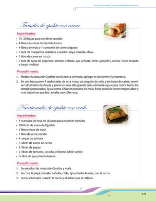 Guía Nutricional • Consejos Saludables • Recetario
125
Tamales de ojushte con carne
Ingredientes:
•	 15 -20 hojas para envolver tamales
•	 4 libras de masa de Ojushte fresco
•	 4 libras de maíz y 1 consomé de carne al gusto
•	 1 taza de margarina, manteca o aceite ( soya, mazola, oliva)
•	 1 libra de carne en trozos
•	 1 taza de salsa de pepitoria, tomate, cebolla, ajo, achiote, chile, ajonjolí y canela (Todo tostado
y luego molido)
Procedimiento:
1.	 Mezclar la masa de Ojushte con la masa del maíz, agregar el consomé y la manteca.
2.	 En una hoja poner 4 cucharadas de esta masa, un poquito de salsa y un trozo de carne, envol-
ver el tamal en las hojas y poner en una olla grande con suficiente agua para cubrir todos los
tamales preparados, igual como si fueran tamales de maíz. Estos tamales tienen mejor sabor y
más vitaminas que los tamales con sólo maíz.
Nacatamales de ojushte con cerdo
Ingredientes:
•	 4 manojos de hoja de plátano para envolver tamales
•	 10 libras de masa de Ojushte
•	 5 libras masa de maíz
•	 1 libra de arroz cocido
•	 4 onzas de achiote
•	 5 libras de carne de cerdo
•	 3 libras de papas
•	 2 libras de tomates, cebolla, chiltoma (chile verde)
•	 ½ libra de ajo y hierba buena.
Procedimiento:
1.	 Se mezclan las masas de Ojushte y maíz.
2.	 Se cose la papa, tomate, cebolla, chile, ajo y hierba buena, con la carne.
3.	 Se hace tamales usando la carne y el arroz para el relleno.
 