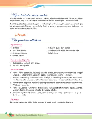 130 Guía Nutricional • Consejos Saludables • Recetario
Hojas de hierba mora asadas
En el campo, las personas comen los brotes jóvenes solamente colocándolos encima del comal,
salpicándoles un poquito de sal y acompañados de tortillas de maíz y sal calman el hambre.
También pueden hacerse sudadas, para lo cual se limpian y lavan muy bien, se envuelven en hojas
de guineo agregándoles sal y un pedacito de ajo al gusto, se colocan encima de las brasas y se
dejan ahí hasta que se cocinen bien.
J. Pastas
Espaguetis con albahaca
Ingredientes:
•	 5 tomates
•	 1 libra de espagueti
•	 36 hojas de albahaca
•	 3 dientes de ajo
•	 ½ taza de queso duro blando
•	 5 cucharadas de aceite de oliva o de soya
•	 Sal, pimienta
Para preparar la pasta:
•	 1 Cucharada de aceite de oliva o soya
•	 Una pisca de sal gorda
Procedimiento:
1.	 Poner a hervir los tomates. Pelarlos y quitar las pepitas, cortarlos en pequeños trozos, agregar
un poco de sal por encima y dejarlos reposar en un colador durante 15 minutos.
2.	 Mientras tanto, lavar y secar con cuidado las hojas de albahaca, pelar los dientes de ajo y reti-
rar el centro, rallar el queso duro blando, añadir los tomates y mezclarlos todo en la licuadora.
3.	 Ponerlo en un recipiente, incorporar poco a poco el aceite de oliva, moviéndolo regularmente.
Añadir sal y pimienta.
4.	 Poner agua, con sal y un chorrito de aceite. Una vez haya roto a hervir echar la pasta. Cuando
ya estén al dente (tronadora) retirarlas del fuego y colarlas.
5.	 Colocarlas rápidamente en una fuente, echar la salsa por encima y espolvorear con el queso.
Servir en seguida.
Consejos:
Para quitar el punto de acidez de los tomates, se puede añadir un poquito de azúcar.
 