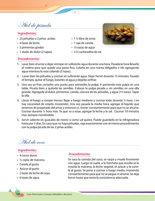 138 Guía Nutricional • Consejos Saludables • Recetario
Atol de piñuela
Ingredientes:
•	 25 piñuelas o 2 piñas  acidas	 •  1 ½ libra de arroz
•	 4 tazas de leche	 •  1 raja de canela
•	 5 pimientas gordas	 •  15 tazas de agua
•	 1 atado de dulce (2 tapas)	 •  1/2 cucharadita de sal
Procedimiento:
1.	 Lavar bien el arroz y dejar remojar en suficiente agua durante una hora. Pasada la hora llevarlo
al molino para que quede una pasta fina. Colarlo en una manta delgadita e irle agregando
agua mientras lo esta colando (5 tazas).
2.	 Lavar bien las piñuelas y cocinar en suficiente agua. Dejar hervir durante 15 minutos. Pasado
el tiempo, quitar el fuego, botarles el agua y dejarlas enfriar.
3.	 Una vez ya frías cortarles una punta para extraerles la pulpa. Ir poniendo esta pulpa en una
tabla. Picarla bien y quitarle las semillas. Colocar la pulpa picada y sin semillas en una olla
grande. Agregarle el dulce, pimientas, canela, cáscara de las piñuelas, y agua (15 tazas). Tapar
la olla.
4.	 Llevar el fuego a romper hervor. Bajar a fuego mediano y cocinar todo durante ½ hora. ( no
hay necesidad de estarlo moviendo). Una vez pasada la media hora, agregar el liquido que
tenemos de preparado del arroz y entonces si, mover constantemente para que no se ahume.
Cocinar durante ½ hora más. Ya que va a estar, agregar la leche y la sal. Cocinar 10 minutos
mas siempre moviéndolo.
5.	 Servir caliente en guacales de morro o como ud quiera. Puede guardarlo en la refrigeradora
hasta por 5 días. En caso que no haya piñuelas, siga exactamente con el mismo procedimiento
con la pulpa picada de las 2 piñas acidas.
Atol de coco
Ingredientes:
•	 4 cocos duros
•	 ½ cajita de maicena
•	 Canela al gusto
•	 Azúcar al gusto
•	 2 tazas de leche de soya
•	 6 tazas de agua.
Procedimiento:
Se saca la comida del coco, se raspa y muele finamente
con agua. Luego se cuela, a la horchata que resulta se le
mezcla la maicena, la leche vegetal, el azúcar y la cane-
la al gusto. Se pone a cocinar a fuego medio, moviendo
constantemente para que no se pegue ni ahúme. Se deja
hervir hasta que tome la consistencia adecuada.
 