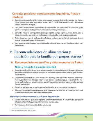 Guía Nutricional • Consejos Saludables • Recetario
15
Consejos para lavar correctamente legumbres, frutas y
verduras
	 Es importante desinfectar las frutas, legumbres o verduras dejándolas reposar por 15 mi-
nutos en una mezcla de agua y lejía o cloro. (MEZCLA: se hace poniendo una cucharadita
de lejía en 5 litros de agua).
	 Otra forma de desinfectar los alimentos es hirviéndoles por un máximo de 5 minutos, pues
por mas tiempo se destruyen los nutrientes(vitaminas y minerales).
	 Cortar las hojas de las legumbres (lechuga, repollo, acelga, espinaca, mora, berro, apio y
otras, eliminar las que estén en mal estado e introducirlas en la mezcla preparada.
	 Antes de comer o servir las legumbres, frutas o verduras que se han desinfectado deben
lavarse con agua limpia o desinfectada.
	 Para la preparación de jugos o refrescos debe utilizarse agua tratada. (puriagua, cloro, mé-
todo sodis).
V.	Recomendaciones de alimentacion y
nutrición para la familia por grupos etareos8
A.	Recomendaciones en niños y niñas menores de 9 años
Niños y niñas de 0 a 6 meses de edad
	 Amamantar al recién nácido en la primera media hora inmediatamente después del parto,
ya que la primera leche o calostro es rica en nutrientes y su consumo contribuye al descen-
so de la leche.
	 Desde el nacimiento hasta los 6 meses, dar al niño y niña sólo leche materna, a libre de-
manda, por lo menos 12 veces en 24 horas, No se necesita dar agua, ya que la leche ma-
terna suple todos los requerimientos que el niño y niña necesitan y previene las alergias
futuras a alimentos.
	 Dar el pecho hasta que se vacíe, porque la última leche es más rica en nutrientes.
	 Alternar los dos pechos cada vez que le dé de mamar. Se debe iniciar con el pecho con el
que el niño o niña tomó menos en la vez anterior.
Si el niño o la niña no maman lo suficiente. Recomiende:
	 Dar de mamar hasta que vacíe el pecho, aproximadamente de 10 a 15 minutos por pecho
ofreciéndolo en la frecuencia anteriormente mencionada.
	 No introducir alimentos antes de los seis meses.
8	 Guía de Alimentación etárea MSPAS/2009
 