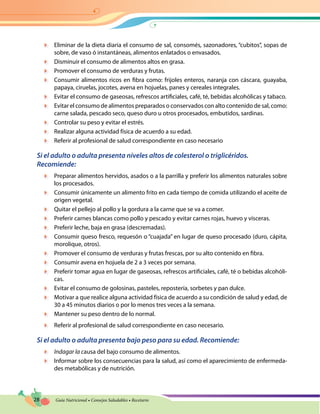 28 Guía Nutricional • Consejos Saludables • Recetario
	 Eliminar de la dieta diaria el consumo de sal, consomés, sazonadores, “cubitos”, sopas de
sobre, de vaso ó instantáneas, alimentos enlatados o envasados.
	 Disminuir el consumo de alimentos altos en grasa.
	 Promover el consumo de verduras y frutas.
	 Consumir alimentos ricos en fibra como: frijoles enteros, naranja con cáscara, guayaba,
papaya, ciruelas, jocotes, avena en hojuelas, panes y cereales integrales.
	 Evitar el consumo de gaseosas, refrescos artificiales, café, té, bebidas alcohólicas y tabaco.
	 Evitar el consumo de alimentos preparados o conservados con alto contenido de sal, como:
carne salada, pescado seco, queso duro u otros procesados, embutidos, sardinas.
	 Controlar su peso y evitar el estrés.
	 Realizar alguna actividad física de acuerdo a su edad.
	 Referir al profesional de salud correspondiente en caso necesario
Si el adulto o adulta presenta niveles altos de colesterol o triglicéridos.
Recomiende:
	 Preparar alimentos hervidos, asados o a la parrilla y preferir los alimentos naturales sobre
los procesados.
	 Consumir únicamente un alimento frito en cada tiempo de comida utilizando el aceite de
origen vegetal.
	 Quitar el pellejo al pollo y la gordura a la carne que se va a comer.
	 Preferir carnes blancas como pollo y pescado y evitar carnes rojas, huevo y vísceras.
	 Preferir leche, baja en grasa (descremadas).
	 Consumir queso fresco, requesón o “cuajada” en lugar de queso procesado (duro, cápita,
morolique, otros).
	 Promover el consumo de verduras y frutas frescas, por su alto contenido en fibra.
	 Consumir avena en hojuela de 2 a 3 veces por semana.
	 Preferir tomar agua en lugar de gaseosas, refrescos artificiales, café, té o bebidas alcohóli-
cas.
	 Evitar el consumo de golosinas, pasteles, repostería, sorbetes y pan dulce.
	 Motivar a que realice alguna actividad física de acuerdo a su condición de salud y edad, de
30 a 45 minutos diarios o por lo menos tres veces a la semana.
	 Mantener su peso dentro de lo normal.
	 Referir al profesional de salud correspondiente en caso necesario.
Si el adulto o adulta presenta bajo peso para su edad. Recomiende:
	 Indagar la causa del bajo consumo de alimentos.
	 Informar sobre los consecuencias para la salud, así como el aparecimiento de enfermeda-
des metabólicas y de nutrición.
 