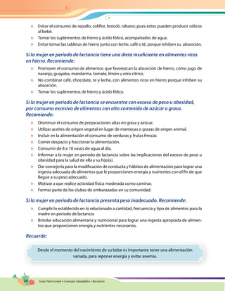 34 Guía Nutricional • Consejos Saludables • Recetario
	 Evitar el consumo de repollo, coliflor, brócoli, rábano; pues estos pueden producir cólicos
al bebé.
	 Tomar los suplementos de hierro y ácido fólico, acompañados de agua.
	 Evitar tomar las tabletas de hierro junto con leche, café o té, porque inhiben su absorción.
Si la mujer en periodo de lactancia tiene una dieta insuficiente en alimentos ricos
en hierro. Recomiende:
	 Promover el consumo de alimentos que favorezcan la absorción de hierro, como jugo de
naranja, guayaba, mandarina, tomate, limón u otro cítrico.
	 No combinar café, chocolate, te y leche, con alimentos ricos en hierro porque inhiben su
absorción.
	 Tomar los suplementos de hierro y ácido fólico.
Si la mujer en periodo de lactancia se encuentra con exceso de peso u obesidad,
por consumo excesivo de alimentos con alto contenido de azúcar o grasa.
Recomiende:
	 Disminuir el consumo de preparaciones altas en grasa y azúcar.
	 Utilizar aceites de origen vegetal en lugar de mantecas o grasas de origen animal.
	 Incluir en la alimentación el consumo de verduras y frutas frescas
	 Comer despacio y fraccionar la alimentación.
	 Consumir de 8 a 10 vasos de agua al día.
	 Informar a la mujer en periodo de lactancia sobre las implicaciones del exceso de peso u
obesidad para la salud de ella y su hijo(a).
	 Dar consejería para la modificación de conducta y hábitos de alimentación para lograr una
ingesta adecuada de alimentos que le proporcionen energía y nutrientes con el fin de que
llegue a su peso adecuado.
	 Motivar a que realice actividad física moderada como caminar.
	 Formar parte de los clubes de embarazadas en su comunidad.
Si la mujer en periodo de lactancia presenta peso inadecuado. Recomiende:
	 Cumplir lo establecido en lo relacionado a cantidad, frecuencia y tipo de alimentos para la
madre en periodo de lactancia
	 Brindar educación alimentaria y nutricional para lograr una ingesta apropiada de alimen-
tos que proporcionen energía y nutrientes necesarios.
Recuerde:
Desde el momento del nacimiento de su bebe es importante tener una alimentación
variada, para reponer energía y evitar anemia.
 