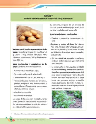 38 Guía Nutricional • Consejos Saludables • Recetario
PAPAS11
Nombre científico: Solanum tuberosum subsp. tuberosum
11	Saludnatural.biomanantial.com/propiedades-de-las-papas-patatas
 
Valores nutricionales aproximados de la
papa: Hierro 1.8 g; Potasio 255 mg; Fibra 1.4
g; Calcio: 13 mg; Almidón 18%; Agua 78%;
Proteínas 2g; Vitamina C 19.5g; Ácido ascór-
bico: 15.0 mg
Usos medicinales y terapéuticos de la
papa: Contiene abundantes calorías.
•	 Contiene más del 80% de agua.
•	 Su cáscara es fuente de vitamina C.
•	 Tiene vitaminas A, B (B2, B6, B11) H y K.
•	 Tiene cantidades menores de proteínas,
potasio, magnesio, zinc, fósforo, hierro y
antioxidantes (fitoquímicos) que retrasan
el envejecimiento celular.
•	 Contiene poco sodio.
•	 Rica fuente de energía.
Los usos de la papa son múltiples, tanto
como producto fresco como industrializa-
do, transformándola en uno de los alimen-
tos más versátiles y generalizados.
Su consumo, después de un proceso de
cocción, puede ser como papa asada, coci-
da, frita, ensalada, puré, sopa, suflé
Usos terapéuticos y medicinales:
•	 Previene el cáncer si se consume con cás-
cara.
• Combate y mitiga el dolor de cabeza.
Para esto, hay que rallar una papa, envuél-
vela en un pañuelo y ponlo sobre la cabe-
za. Relájate y deja actuar a este maravillo-
so tubérculo.
•	 Útil para cicatrizar cortadas o arañazos:
corta un pedazo de papa y póntelo en la
zona afectada.
•	 La cáscara, alta en fibra, ayuda a combatir
el estreñimiento y a mantener los intes-
tinos funcionando adecuadamente. Útil
para tratar hemorroides y como laxante
natural. Para esto hay que licuar la papa
cruda para preparar un jugo y añadirle
media cucharadita de miel o melaza. To-
mar dos cucharaditas de esta preparación
cada mañana, en ayunas.
 
 