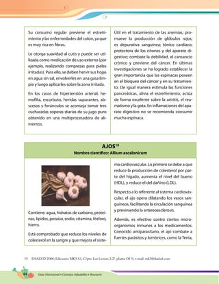 44 Guía Nutricional • Consejos Saludables • Recetario
AJOS19
Nombre científico: Allium ascalonicum
Su consumo regular previene el estreñi-
miento y las enfermedades del colon, ya que
es muy rica en fi­bras.
Le otorga suavidad al cutis y puede ser uti-
lizada como medica­ción de uso externo (por
ejemplo, realizando compresas para pieles
irritadas). Para ello, se deben hervir sus hojas
en agua sin sal, envolverles en una gasa lim-
pia y luego aplicarles sobre la zona irritada.
En los casos de hipertensión ar­terial, he-
mofilia, escorbuto, heridas supurantes, ab-
scesos y forúnculos se aconseja tomar tres
cucharadas soperas diarias de su jugo puro
ob­tenido en una multiprocesadora de ali-
mentos.
Útil en el tratamiento de las anemias; pro-
mueve la producción de glóbulos rojos;
es depurativa sanguínea; tónico cardiaco;
protectora de los riñones y del aparato di-
gestivo; combate la debilidad, el cansancio
crónico y previene del cáncer. En últimas
investigaciones se ha logrado establecer la
gran importancia que las espinacas poseen
en el bloqueo del cáncer y en su tratamien-
to. De igual manera estimula las funciones
pancreáticas, alivia el estreñimiento; actúa
de forma excelente sobre la artritis, el reu-
matismo y la gota. En inflamaciones del apa-
rato digestivo no se recomienda consumir
mucha espinaca.
Contiene: agua, hidratos de carbono, proteí-
nas, lípidos, potasio, sodio, vitamina, fósforo,
hierro.
Está comprobado que reduce los niveles de
colesterol en la sangre y que mejora el siste-
ma cardiovascular. Lo primero se debe a que
reduce la producción de colesterol por par-
te del hígado, aumenta el nivel del bueno
(HDL), y reduce el del dañino (LDL).
Respecto a lo referente al sistema cardiovas-
cular, el ajo opera dilatando los vasos san-
guíneos, facilitando la circulación sanguínea
y previniendo la artereoesclerosis.
Además, es efectivo contra ciertos micro-
organismos inmunes a los medicamentos.
Conocido antiparasitario, el ajo combate a
fuertes parásitos y lombrices, como la Tenia,
19	 DSALUD 2006; Ediciones MK3.S.L.C/pto. Los Leones 2,2ª. planta Of. 9; e-mail: mk3@dsalud.com
 