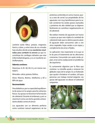 52 Guía Nutricional • Consejos Saludables • Recetario
contiene ácido fólico, potasio, magnesio,
hierro y cobre, y entre otras de sus virtudes
hay estudios donde arrojo excelentes resul-
tados para combatir la artrosis ya que re-
constituye los cartílagos dañados que esta
enfermedad desgasta, y es un excelente an-
tiinflamatorio.
Además contiene:
Vitaminas: A, B1, B2, B3, D, y en menor can-
tidad C.
Minerales: calcio, potasio, fósforo.
Otros: Niacina, Biotina, riboflavina y 60 a
80% de agua.
Recomendado:
Paradiabéticos,porsucapacidadequilibran-
te de azúcar en la sangre; para los esfuerzos
físicos. Sus grasas no favorecen la formación
de colesterol. Durante el embarazo, y por su
vitamina E como uno de los grandes antioxi-
dante aliados contra el cáncer.
Los aguacates son un alimento perfecto
como sustituto natural vegetariano de las
proteínas contenidas en carne, huevos, que-
so y aves de corral. Las propiedades de los
aguacates son muy beneficiosas para la sa-
lud: contienen los ácidos grasos esenciales
y proteínas de alta calidad que se digieren
fácilmente sin contribuir negativamente en
el colesterol.
No realizar mezclas de aguacate con huevo
o queso ya que esto triplica la cantidad de
colesterol malo que es dañino para la salud.
El aguacate debe consumirse solo o con
otros vegetales, hojas verdes o con sopas y
complemento de arroz o frijoles.
Su aplicación más importante es la que se
le da para el tratamiento de las afecciones
coronarias. Consumido con ayote verde, pi-
pían, sirve como coadyuvante en problemas
de raquitismo.
Es sumamente digestivo por la fibra que
contiene. La clorofila ayuda a restaurar los
glóbulos rojos de la sangre. Es un fosforado
que ayuda a fortalecer el cerebro, útil para
personas con trabajo mental exigente. Las
grasas del aguacate no elevan el colesterol
sanguíneo.
 