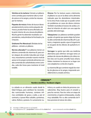 56 Guía Nutricional • Consejos Saludables • Recetario
CEBADA36
Nombre científico: Hordeum vulgare
Vómitos en la mañana: Cómete un plátano
entre comidas para mantener alto tu nivel
de azúcar en la sangre y evitar las náuseas
por la mañana.
Piquetes de mosco: Antes de buscar deses-
peradamente la crema contra piquetes de
mosco, prueba frotar la zona afectada con
la parte interior de una cáscara de plátano.
Mucha gente ha obtenido resultados sor-
prendentes, reduciéndose la hinchazón y la
irritación.
Síndrome Pre-Menstrual: Olvídate de las
píldoras - cómete un plátano.
Nervios alterados35
: Los plátanos tienen un
altísimo contenido de vitaminas B. para evi-
tar ataques de comida inducidos por el pá-
nico, necesitamos controlar nuestro nivel de
azúcar en la sangre comiendo alimentos con
alto contenido de carbohidratos entre comi-
das, cada dos horas para mantener el nivel
estable.
Úlceras: Por Su textura suave y lubricante,
el plátano se usa en la dieta como alimento
indicado para los desórdenes intestinales.
Es la única fruta cruda que se puede comer
sin problemas en casos de úlcera crónicos.
También neutraliza el exceso de acidez y re-
duce la irritación al cubrir con una capa las
paredes del estómago.
Tabaquismo: Los plátanos también pueden
ayudar a la gente que quiere dejar de fumar.
Su alto contenido de vitaminas B6 y B12, po-
tasio y magnesio ayuda a que el organismo
se recupere de los efectos de quitarle la ni-
cotina.
Verrugas: La gente que sólo usa medicina
alternativa para eliminar verrugas toma un
pedazo de cáscara de plátano y lo coloca so-
bre ésta con la parte amarilla hacia afuera.
Debes mantener la cáscara en su lugar con
una cataplasma o cinta de cirujano.
La vitamina B6 que contiene regula los nive-
les de glucosa en la sangre, mejorando sen-
siblemente tu estado anímico.
La cebada es un alimento usado desde la
Edad Antigua, para satisfacer las necesida-
des nutricionales humanas, contiene ínfi-
mas cantidades de grasa y sodio, y por el
contrario, sí posee fibra soluble y proteínas,
calcio, fósforo y potasio. Es sumamente nu-
tritivo y es usado en dieta de personas con-
valecientes. Muy buena para el corazón y
para los nervios. Para los niños en etapa de
crecimiento y mujeres embarazadas, resulta
muy saludable. Por su alto contenido de fi-
bras previene el cáncer de cólon.
35 Investigó a 5,000 pacientes en un hospital
36	www.guiapractica.cl/.../propiedades-curativas-de-la-cebada.html	www.vivirnatural.com/alim/cebada.htm
 